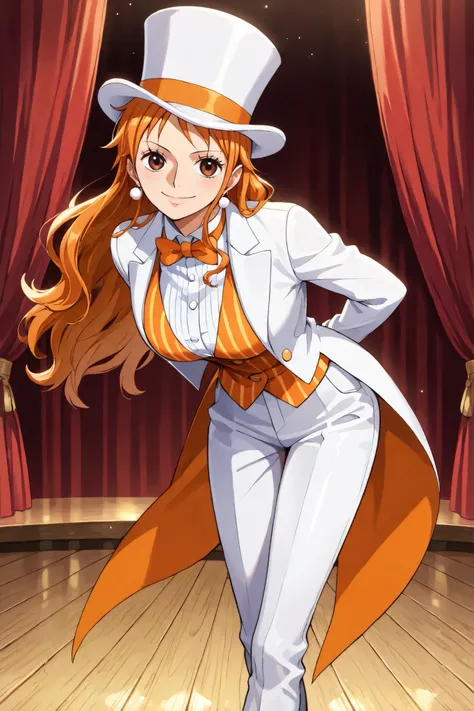  (masterpiece, vibrant colors), solo, 1girl, nami, one piece, long orange hair, earrings, brown eyes, sleek legs, breasts, (white silk top hat, orange band, snug fit), white tailcoat, orange pinstripe vest under tailcoat, orange bowtie, white dress pants, ...