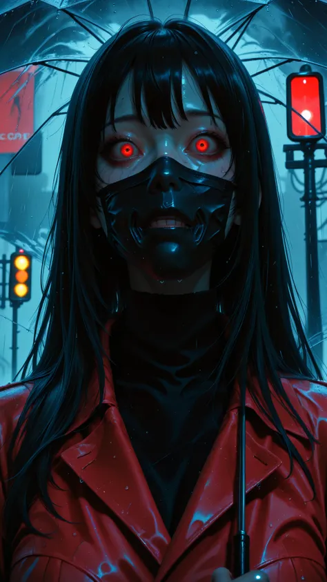 score_9, score_8_up, score_7_up, masterpiece, source_anime,(horror:1.3),1girl,umbrella,clear color,wearing a red trench coat, Black surgical mask,long hair,black hair,terror,realistic,heavy rain,rainy day ,red traffic light, looked at a viewer with bulging...