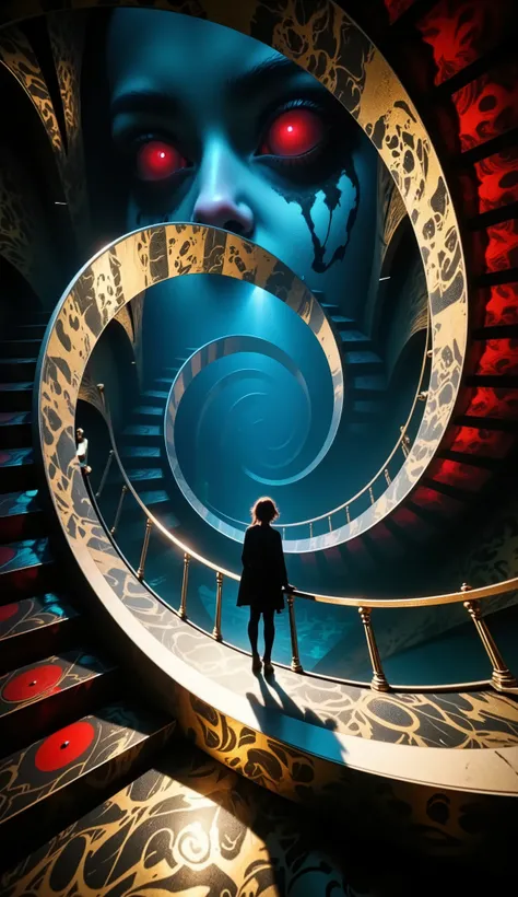spiral staircase,mysterious space,metaric colors,huge shadow woman in front,horror, Ghostlystyle, double exposure of high quality, Expressing a woman's shadow with double exposure, Double exposure of a woman creating a ghost in the shadow,ghosts ,growing r...