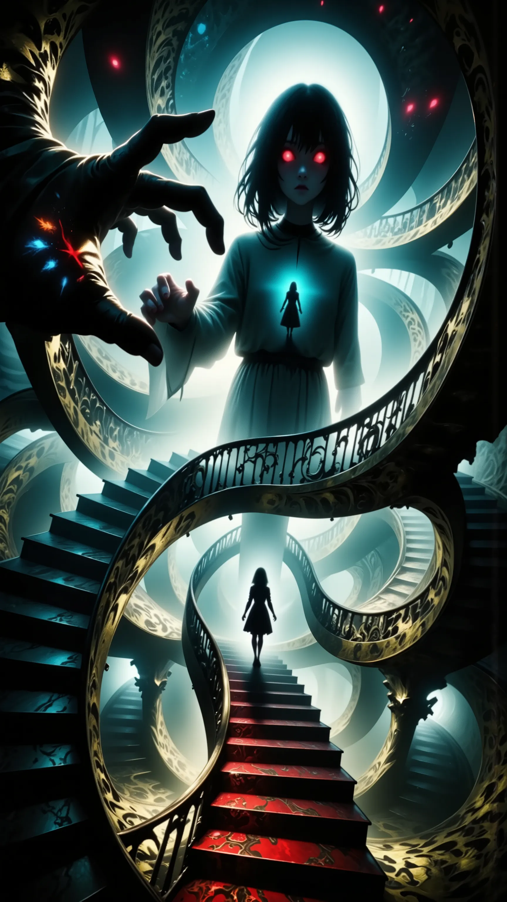 spiral staircase,mysterious space,metaric colors,(huge shadow girl’s face in At the top of the spiral staircase:1.2,glowing red eyes),(horror:1.1), Ghostlystyle, double exposure of high quality, Expressing a girl's shadow with double exposure, Double expos...