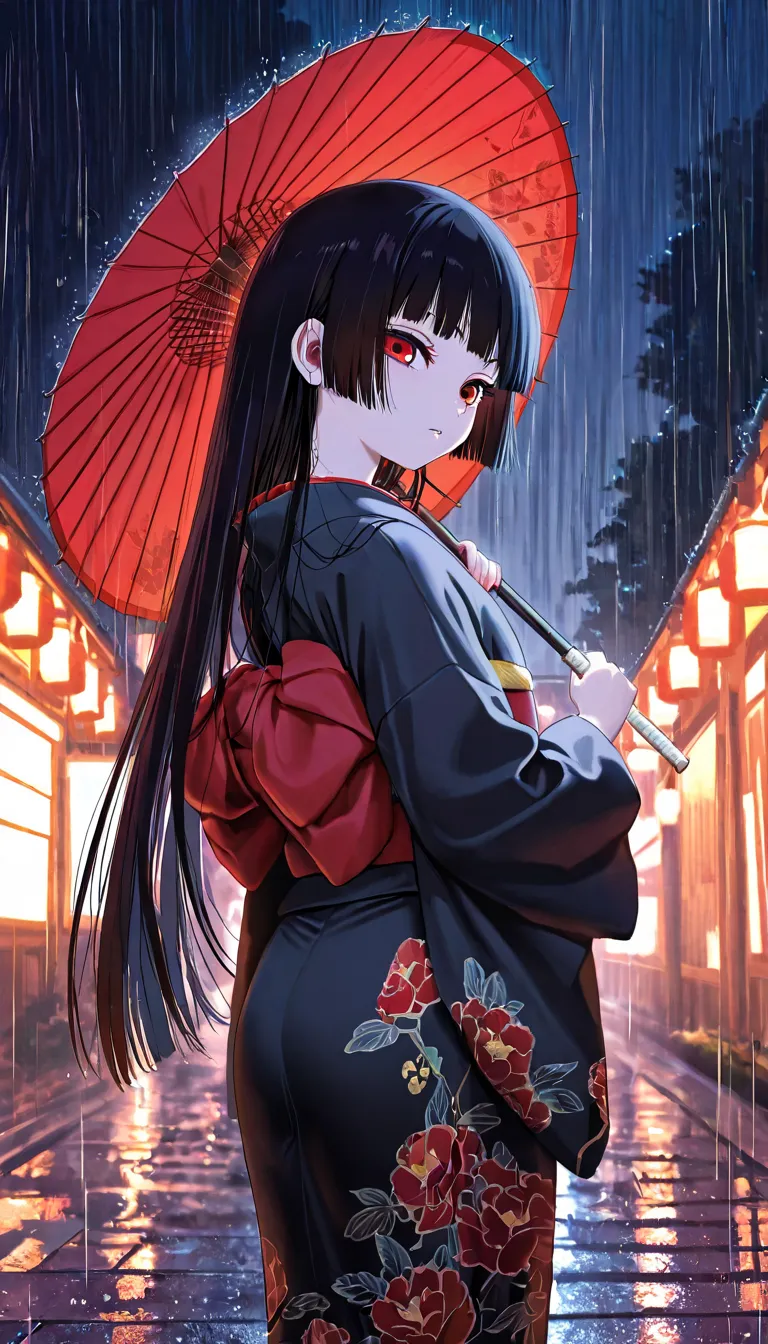 masterpiece, High Quality,  High Quality , Newest,  night,rain,Outdoors,glare,break looking at the viewer 
One Girl, Alone, 
Enma Ai,  kimono,  long hair,  black hair,  luxurious embroidered kimono , Home Cut, Bang, blunt Bang,  jewelry, black kimono,  Red Eyes, BREAK
Standing ,look back,umbrella, red umbrella, oil-paper umbrella, Bangasa