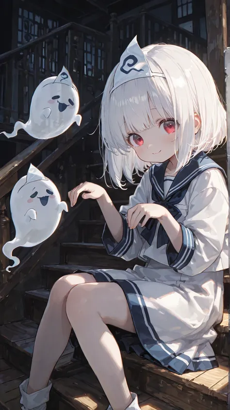 Cute,748cmstyle,(masterpiece:1.2, top quality), (beautiful detailed eyes: 1.2), ((1 Beautiful Girl)),  (beautiful background:1.2), (very detailed CG, Super Detailed),(very detailed and beautiful:1.1), (Perfect Details:1.1), Late night school stairs, Japanese school,  wooden, 　One cute little girl playing with a cute big ghost, triangular headpiece,  ghost pose, sailor suit　miniskirt　white hair　short bob　Smile Yan　