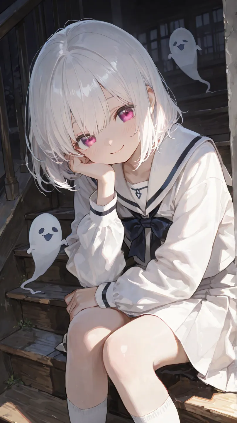 Cute,748cmstyle,(masterpiece:1.2, top quality), (beautiful detailed eyes: 1.2), ((1 Beautiful Girl)),  (beautiful background:1.2), (very detailed CG, Super Detailed),(very detailed and beautiful:1.1), (Perfect Details:1.1), Late night school stairs, Japanese school,  wooden, 　One cute little girl playing with a cute big ghost　white sailor suit　miniskirt　white hair　short bob　Smile Yan　Smile Yan