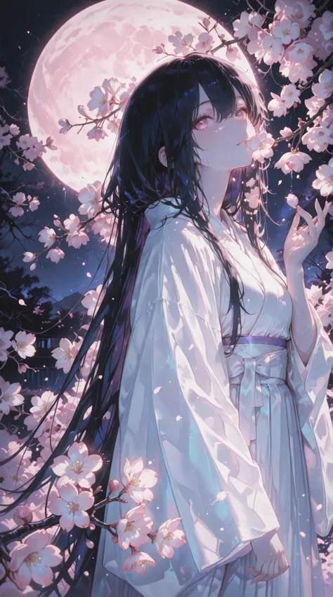 masterpiece, best quality, ultra detailed,(illustration:1.3),(official art style, anime style:1.4)A beautiful, ethereal young Japanese girl in a pristine white kimono, adorned with delicate cherry blossom motifs, stands gracefully beneath the cascading branches of a weeping cherry tree bathed in the soft, diffused light of the moon. Her radiant, luminous pale, translucent skin seems to glow with an otherworldly ethereal light under the ethereal moonlight, accentuating her melancholic and wistful expression. Her long, silky-smooth, jet-black hair with a captivating sheen, like a dark waterfall, flows effortlessly in the gentle breeze, reflecting the soft moonlight and creating an angelic halo around her head, framing her delicate features. She is looking directly at the viewer. The scene is captured in a poetic and fantastical anime style, with a soft, diffused light that creates a fantastical atmosphere, emphasizing the ethereal beauty of the girl and the fragile beauty of the blossoms. The weeping cherry tree's branches, laden with delicate, pale pink blossoms, create a frame around the girl, enhancing the dreamy quality of the image. The background is a soft gradient of purples and blues, blending into the night sky, adding a touch of serenity and mystique to the scene. Subtle sparkling particles and an ethereal glow surround her, making her appear almost divine.Capture the scene with a shallow depth of field, focusing on her face, blurring the background