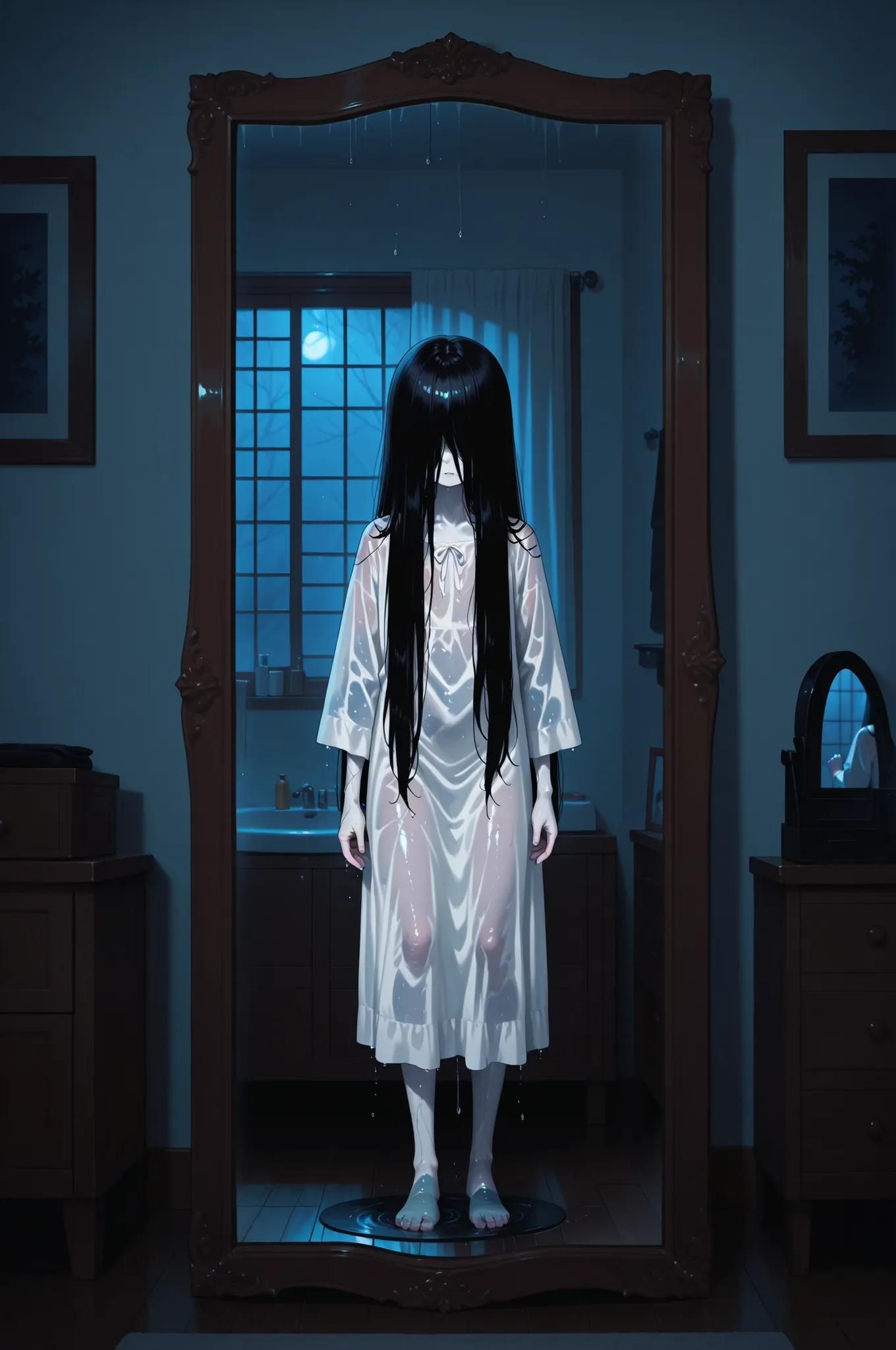 yamamura sadako, hair over eyes, black hair, long hair, pale skin, white dress, wet clothes, barefoot, horror \(theme\),, pictured in a mirror, inside a bedroom at night, natural lighting, in full view in a highly detailed anime style