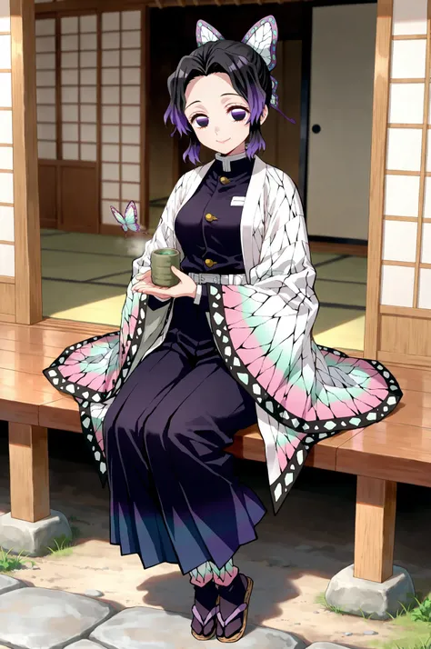 (kochou shinobu,hair ornament, butterfly hair ornament, purple eyes, short hair, black hair, purple hair, multicolored hair、solo:1.2)、(best quality, masterpiece:1.2)、(whole body、full body:1.2),32k,masterpiece,hi quality,detailed, master piece,best quality,...