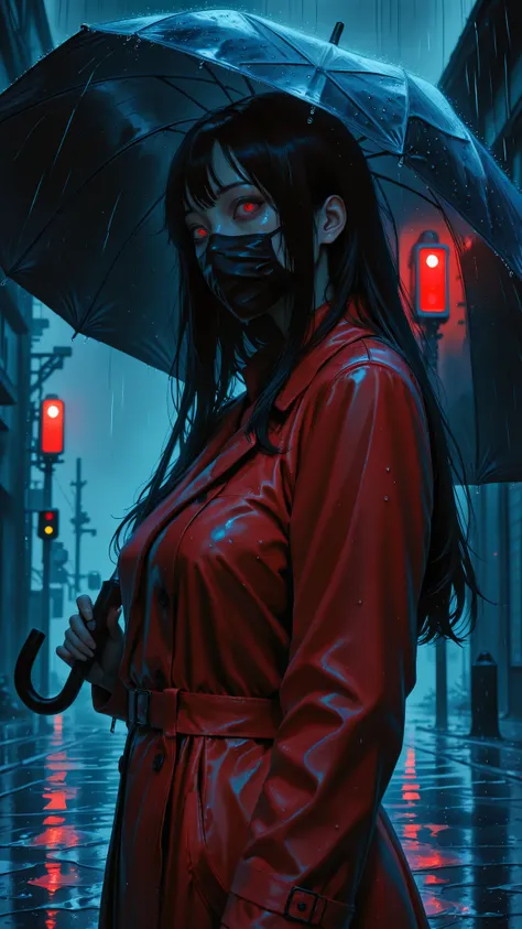 score_9, score_8_up, score_7_up, masterpiece, source_anime,(horror:1.2),1girl,umbrella,clear color,wearing a red trench coat, Black surgical mask,long hair,black hair,terror,realistic,heavy rain,rainy day ,red traffic light, looked at a viewer with bulging...