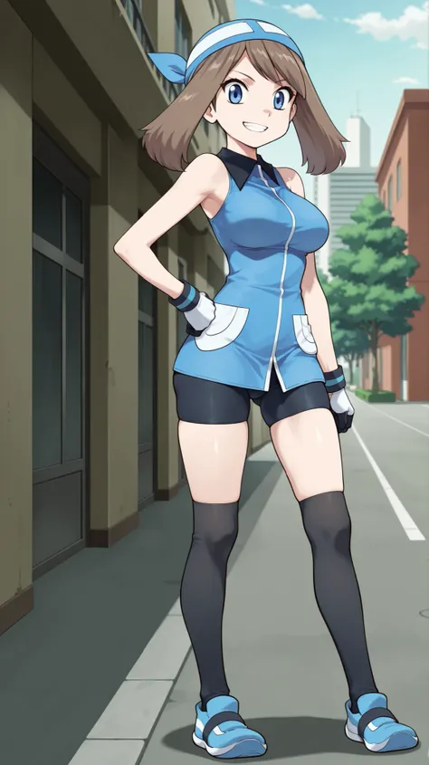 adult older sister, Tall, big boobs, left hand on hips, black knee-high stockings, Absolute region, thighs, Blue shoes, ((anime screenshot, anime cong, )) SapphireBirchILXL, ((top quality)), ((masterpiece)), ((details)), solo, 1girl, two legs, two arms, an...