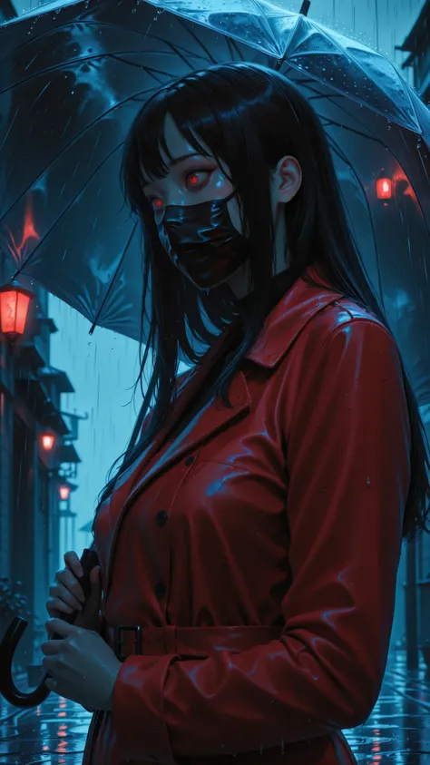 score_9, score_8_up, score_7_up, masterpiece, source_anime,horror,1girl,umbrella,clear color,wearing a red trench coat, Black surgical mask,long hair,black hair,terror,realistic,heavy rain,rainy day