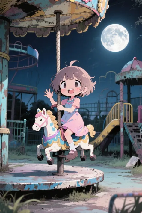 top quality、anime style、masterpiece、deformed chibi character style、Abandoned amusement park at night 、girl happily riding alone on a merry-go-round that moves quietly。pastel colored dress、loose and fluffy short hair、smiling and waving。The background is decayed playground equipment and a full moon、cute