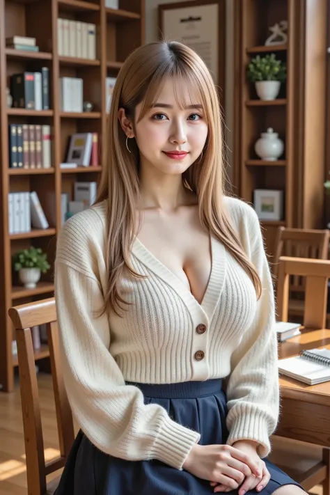 Catherine,hair styled in aplatinum blonde, gold hair, large breasts, cleavage, A photorealistic portrait of a beautiful 20-year-old Japanese woman with long straight hair cascading naturally over her shoulders, each individual strand visible and meticulous...