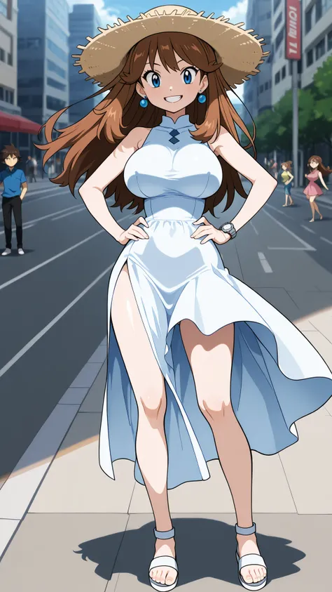 adult older sister, Tall, big boobs, jam one's hands on one's hips, bare hands, White sleeveless long dress, White Sandals, Straw Hat, ((top quality)), ((masterpiece)), ((details)), standing, 1girl, two legs, two arms, orange brown hair color, long hair, b...