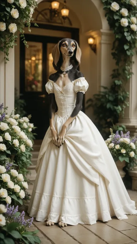 happy girl standing in a white dress. Set against an Victorian backdrop that is covered in flowers. saluki, greyhound, borzoi, sighthound, beautiful eyes, golden eyes, paws, (black fur), flat chest