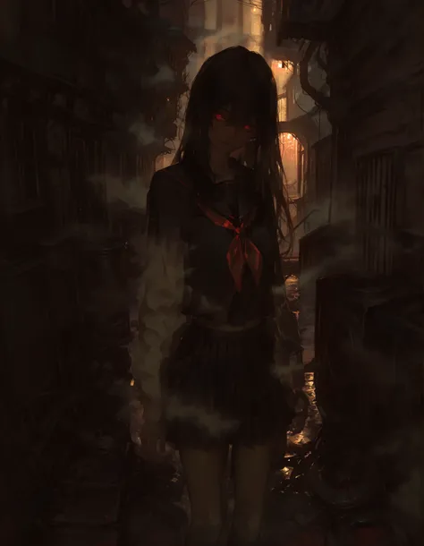 anime style, mysterious urban legend girl, long flowing black hair, pale skin, empty glowing eyes, standing in a dimly lit alley at night, soft fog surrounding her, subtle red accents on school uniform, floating slightly above ground, eerie atmosphere, cin...