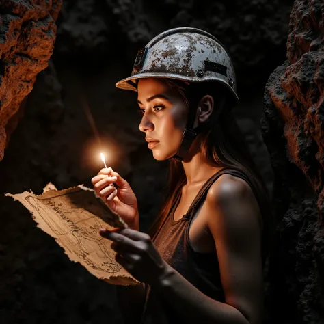 Ultra-realistic lateral super close-up of a beautiful woman inside a dark, underground mine. She is turned to the right, her face partially in profile, wearing a rugged protective helmet with chipped paint and grime, the side strap resting against her chee...