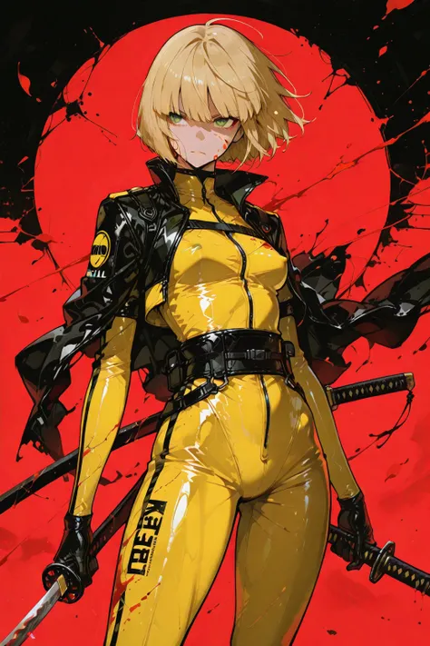 HDR. Concept:
(Kill Bill) A blonde warrior with a katana and a yellow outfit.

Character:
1girl, blonde, green eyes, small breasts, erect nipples, loose hair blown by the wind, with a serious and determined expression. She wears a very tight yellow latex suit with a black stripe down the sides, her face splattered with blood. She holds a katana dripping with blood in a combat stance, her gaze fixed straight ahead.

Action/Interaction:
Standing alone, in an attack stance. Her stance is heroic, the katana raised and pointed straight ahead.

Background:
Japanese art style, red background with falling petals.

Visual Highlights:
Glossy and detailed katana, artistic blood splatter, movement in hair and clothing, details of the combat-worn outfit.

Lighting and Atmosphere:
Strong side lighting, with deep shadows. Dramatic style with high contrast and an atmosphere of recent battle.

Style:
Stylized anime, with kinetic lines, manga influences, and Japanese ink.