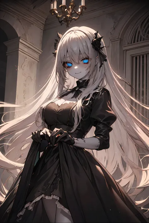 A ghostly girl wandering through a crumbling, abandoned gothic castle at night. She wears a tattered gothic lolita dress, her eyes wide with madness, glowing faintly with a sinister light. Her pale face is twisted in a haunting, unsettling expression — a v...