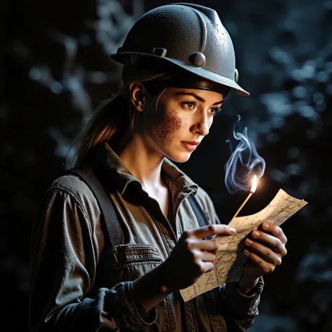 Ultra-realistic lateral super close-up of a beautiful woman inside a dark, underground mine. She is turned to the right, partially in profile, wearing a heavily worn protective helmet with chipped paint and layered dirt. Her face is streaked with grime and...