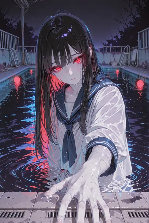 girl,anime,beautiful girl, ghost girl, long black straight hair, wet hair spreading on water surface, standing in pool at night, only upper body visible above water, lower body obscured by moonlight reflection, sailor school uniform, reaching out with one ...