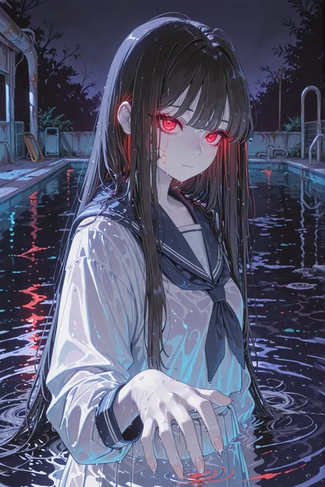 girl,anime,beautiful girl, ghost girl, long black straight hair, super long hair, wet hair spreading on water surface, standing in pool at night, only upper body visible above water, lower body obscured by moonlight reflection, sailor school uniform, reach...