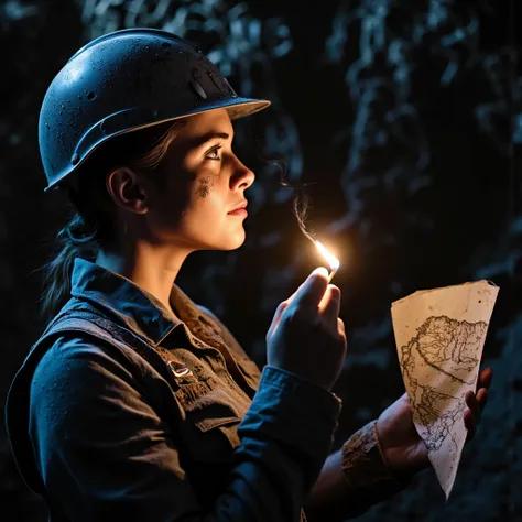 Ultra-realistic lateral super close-up of a beautiful woman inside a dark, underground mine. She is turned to the right, partially in profile, wearing a heavily worn protective helmet with chipped paint and layered dirt. Her face is streaked with grime and...
