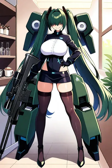Masterpiece, best quality, (solo), (adult female), full body, solo, (standing in modern cafe), morning, (athletic), large chest, dark green hair, long hair, twin tails, (hair covering eyes: 1.2), wearing black maid outfit and inside a large mecha power sui...