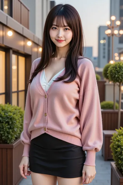 misaki, large breasts, cleavage, A photorealistic portrait of an elegant 20-year-old Japanese woman with long silky black hair flowing gracefully down her back, each strand catching the golden sunset light with remarkable detail, wearing a soft pink cashme...