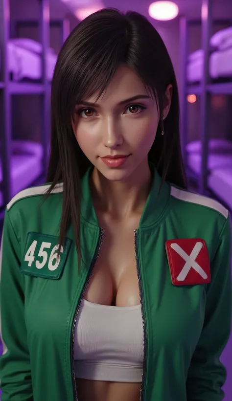 (masterpiece), (best quality), ultra-realistic waist-up photo of an attractive, seductive female model styled as a contestant from Squid Game, 
posing dynamically like in a professional fashion shoot, making direct eye contact with the viewer, subtle seduc...