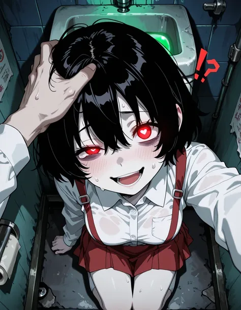 pov, from above side, grab head, night, looking at up, open mouth, Convulsive smile, half closed eye, Sweat, embarrassed, heart pupils, tearful eyes, Brainwashing, (!?), kneeling, amazing masterpiece, top quality, high fashion, absurdres extremely, close u...
