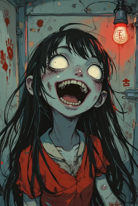 oil painting, extreme close-up of a ghost girl with long black hair covering parts of her pale face, head unnaturally tilted downward, unsettling wide grin with visible teeth, eyes glowing faintly under messy bangs, laughing eerily with a "ketaketa" expres...