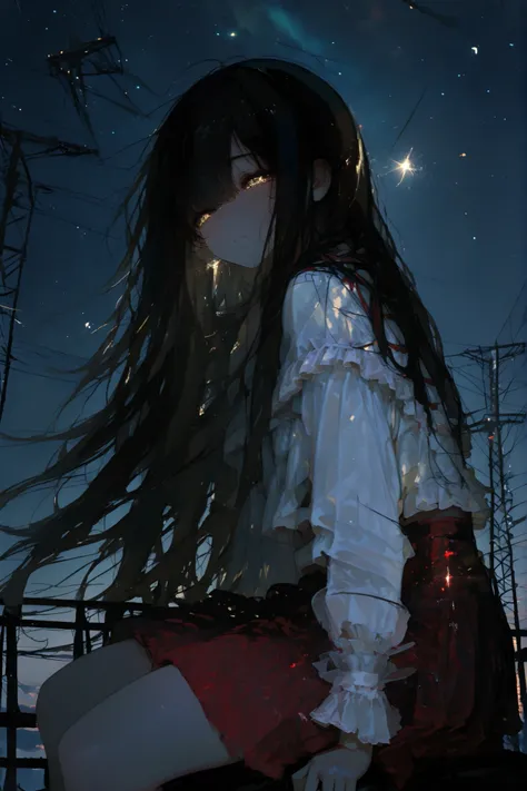 anime style, hanako-san urban legend girl, long black hair flowing in the wind, red skirt, white blouse, sitting on top of a transmission tower, looking back over her shoulder, sad and lonely expression, soft tears on her cheeks, emotional mood, beautiful ...
