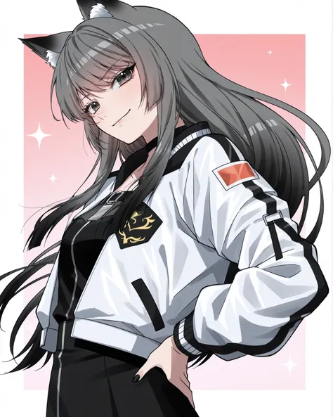 hand on back,hands on back,beautiful kemonomimi anime girl on shojo anime style, fox ears with black tips, straight long gray to red ombre hair, shiny eyes, y2k streetwear jacket, confident smirk, white color background