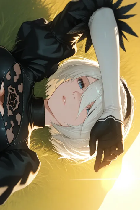 1girl, solo, 2b_(nier automata), lying, close up, arm up, sunrise, grass field, from above, dynamic lighting, hdr, masterpiece, best quality, absurdres