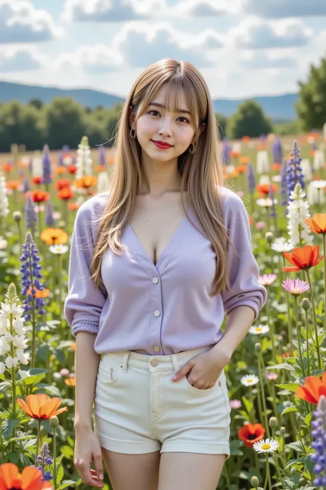 Catherine,hair styled in aplatinum blonde, gold hair, large breasts, cleavage, A photorealistic portrait of a radiant 20-year-old Japanese woman with long flowing hair with natural highlights catching sunlight, each individual strand visible and moving gen...