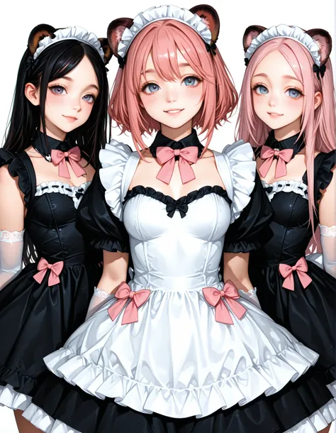 Tanuki Ears Maid,Charcoal Mini Maid Dress, pink hair, PINK BOW TIE,White Long Lolita Gloves,They are looking at us,tilt your neck slightly and smile