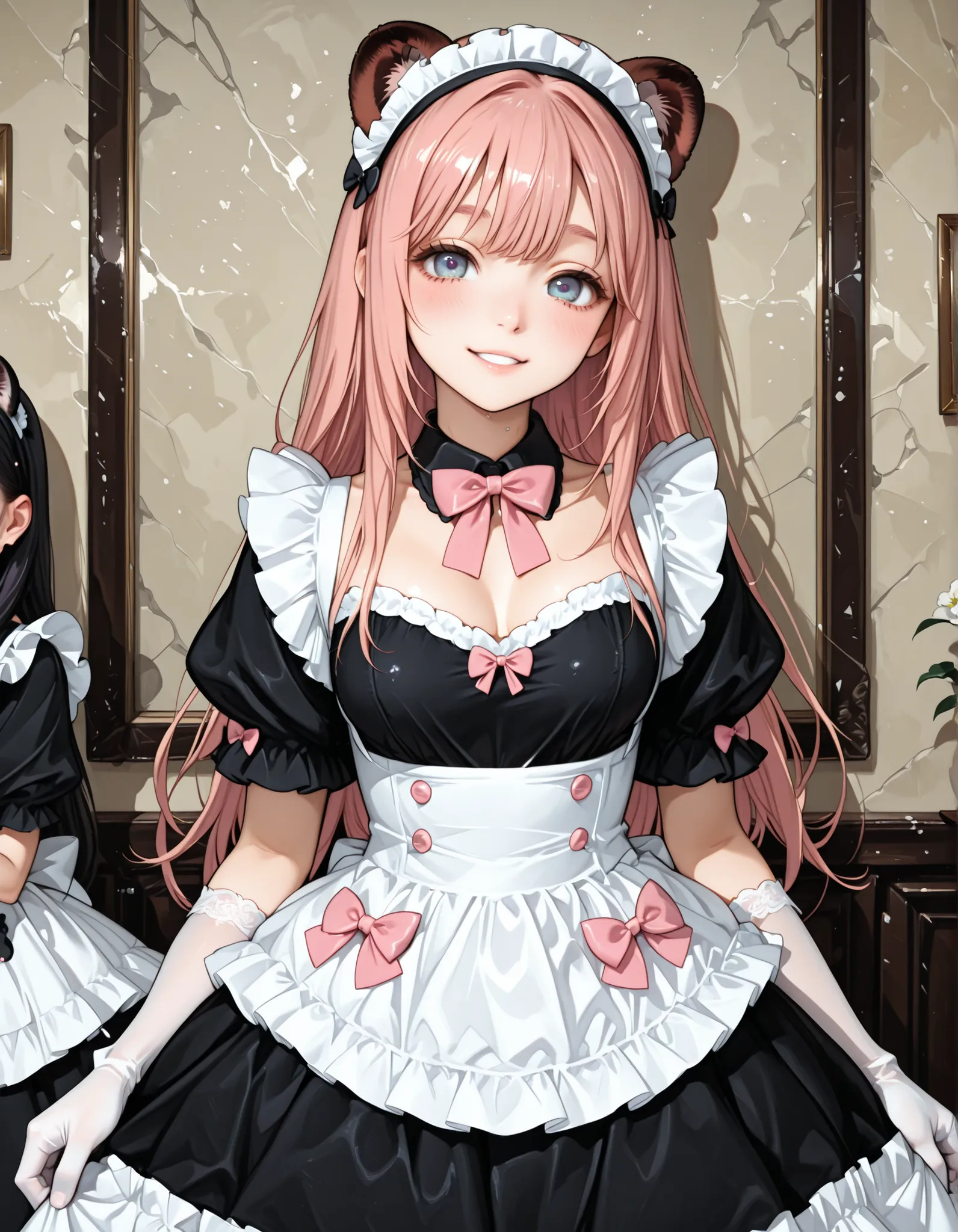 Tanuki Ears Maid,Charcoal Mini Maid Dress, pink hair, PINK BOW TIE,White Long Lolita Gloves,They are looking at us,tilt your neck slightly and smile