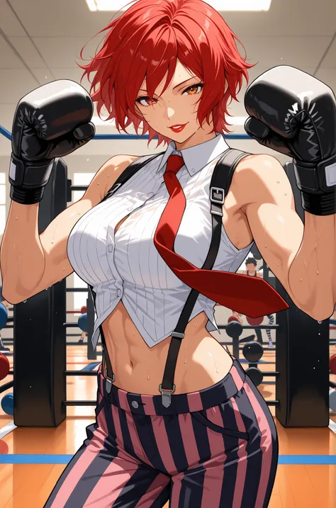 score_9, score_8_up, score_7_up, score_6_up, source_anime, BREAK masterpiece,   VanessaKOF, red hair, short hair,toned,sleeveless shirt, red necktie, black gloves, striped pants, navel, suspenders, gym, flowing hair, seductive smile, parted lips, red lips,...