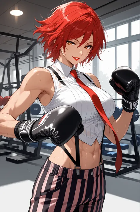score_9, score_8_up, score_7_up, score_6_up, source_anime, BREAK masterpiece,   VanessaKOF, red hair, short hair,toned,sleeveless shirt, red necktie, black gloves, striped pants, navel, suspenders, gym, flowing hair, seductive smile, parted lips, red lips,...