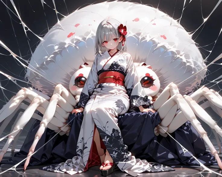 full body depiction、Alke、The lower body of a spider and the upper body of a person、 kimono、純白の kimono、red belt、gray hair、red eyes