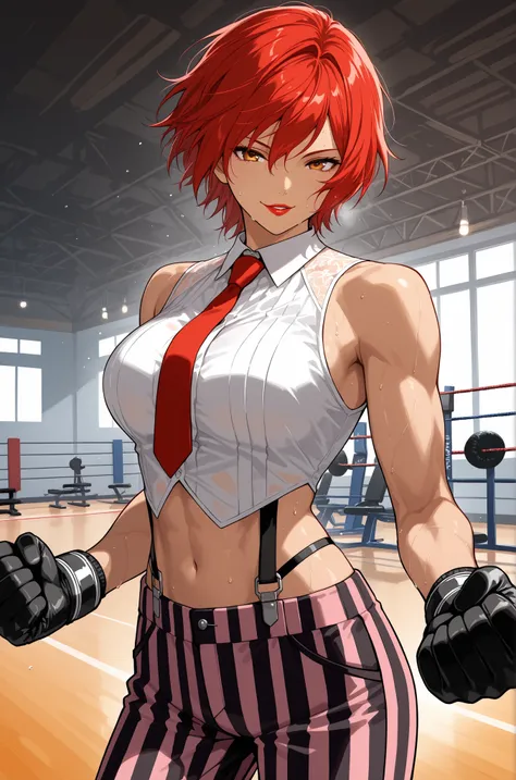 score_9, score_8_up, score_7_up, score_6_up, source_anime, BREAK masterpiece,   VanessaKOF, red hair, short hair,toned,sleeveless shirt, red necktie, black gloves, striped pants, navel, suspenders, gym, flowing hair, seductive smile, parted lips, red lips,...