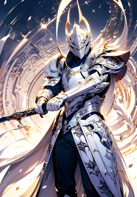 (absurdres, highres, ultra detailed), masterpiece, best quality, a boy in a white jacket, holding a sword, solo, handsome, short hair, white hair, detailed face, combat stance, attack pose, wielding sword pose, abstract background, swirl, spark, magic vort...