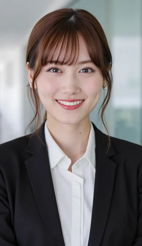 Neat Young Woman、and look at the camera、office lady suit、jacket、shirt、necklace、ear piercing、 pale brown hair、、smile showing teeth、、background is office