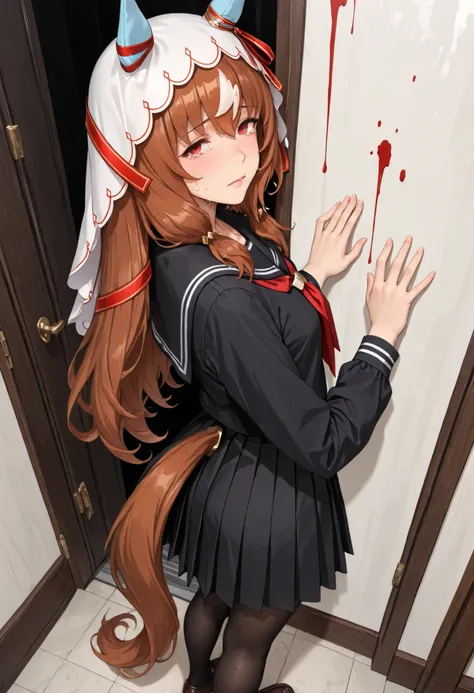 (masterpiece, best quality, perfect face:1.4), wide angle, Still in Love \(umamusume\), brown hair, red eyes, long hair, streaked hair, horse ears, ear cover, ear ornament, veil, red hair ribbon, small breasts, horse tail, tail on the lower back, proportio...