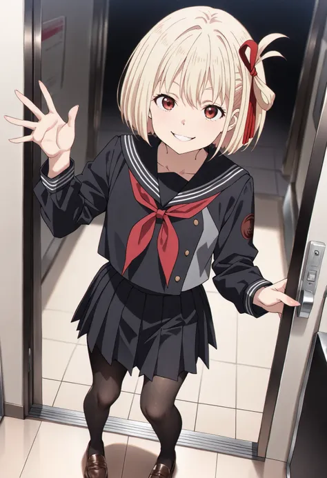 (masterpiece, best quality, perfect face:1.4), wide angle, chisato nishikigi \(Lycoris Recoil\), short hair, bangs, blonde hair, red eyes, hair ribbon, one side up, bob cut, proportional body, proportional,1 girl, beautiful hair, beautiful face, beautiful ...