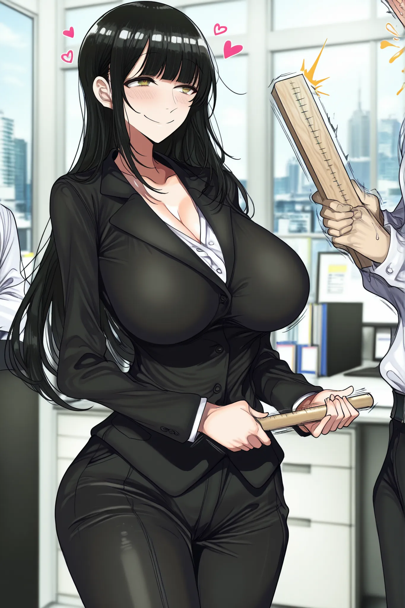 1girl, japanese milf, long black hair with straight bangs, yellow eyes, fair skin, standing upright, wearing a tight dark secretary outfit, holding a wooden ruler in both hands, mouth slightly open, looking at the ruler with a lustful smile, flushed cheeks...
