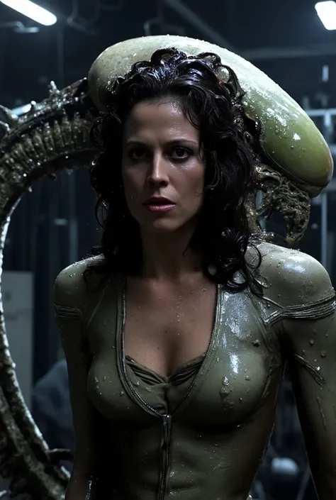 a massive xenomorph dick fuck unconscious Ellen Ripley pussy hard, Ellen Ripley is gunge all over her body and cum on her face