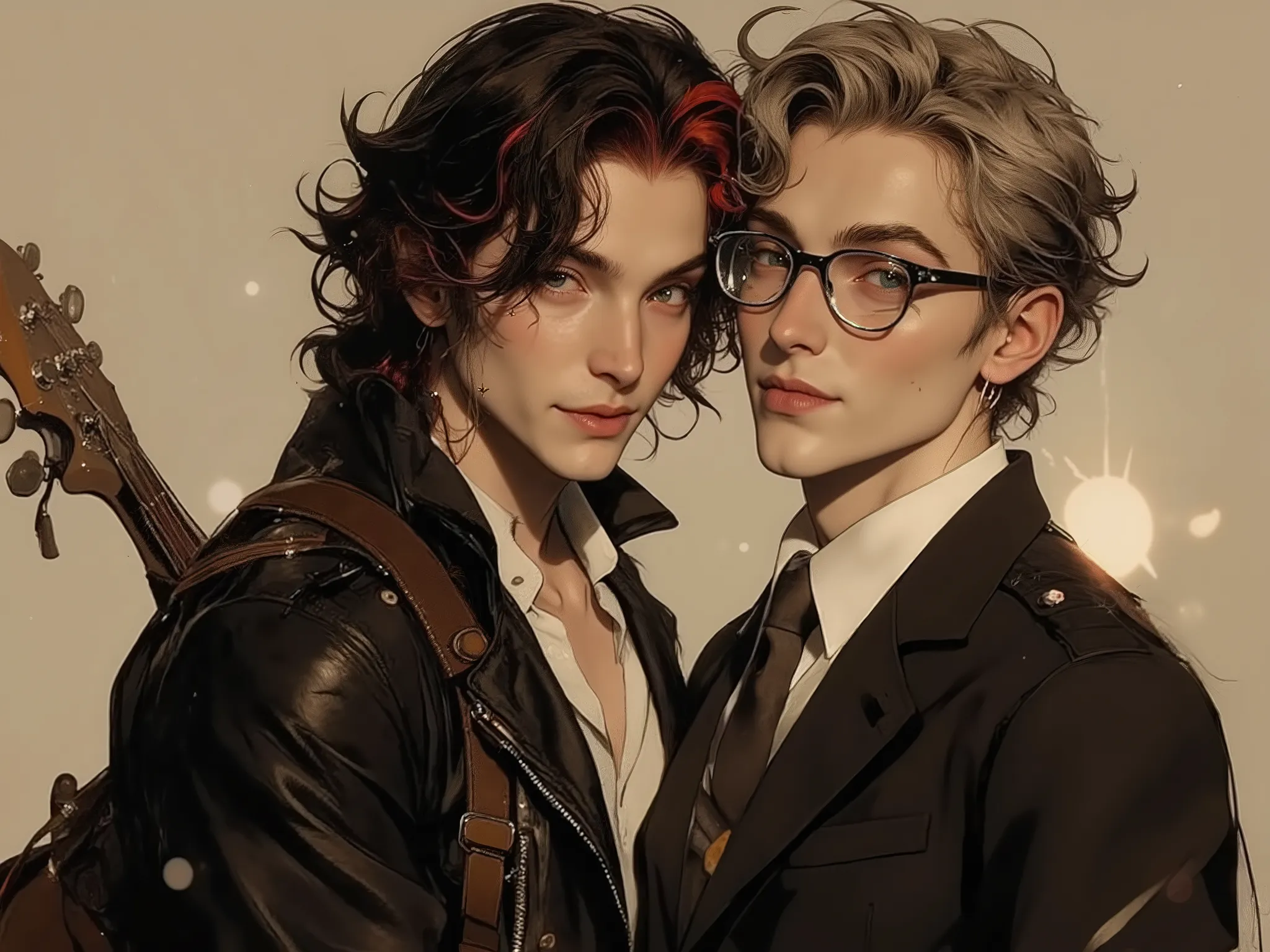 Tomboy date (23 years old, rocker, long black hair with red locks, leather jacket, guitar on his back) and nerd guy (25 years old, in glasses, tousled ash hair, tall and thin, in a jacket and tie), they are clearly in love and happy as hell, despite the su...