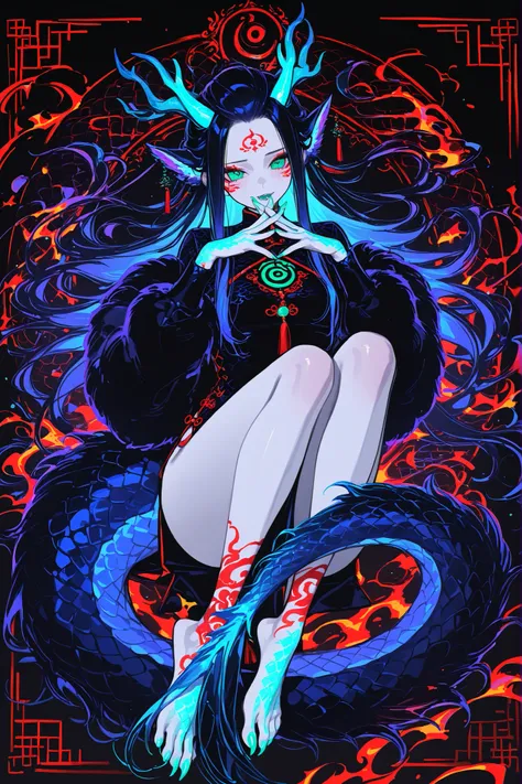 Girl is Azure dragon Lúng,she is hybrid of Eastern dragon. She has a sporty feminine bodybuilding. She has a pale skin covered with  navy blue and azure scales with Nazar pattern. She has red fire stripes tattoos on her face , and all over her body. Her li...