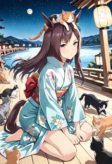 (masterpiece, best quality, perfect face:1.4), Vibrant colors, Ukiyo-e style, wide angle, mejiro dober \(umamusume\), 1girl, floating hair, horse ears, horse tail, tail on the lower back, proportional body, proportional, beautiful hair, beautiful face, bea...