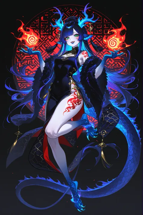 Girl is Azure dragon Lúng,she is hybrid of Eastern dragon. She has a sporty feminine bodybuilding. She has a pale skin covered with  navy blue and azure scales with Nazar pattern. She has red fire stripes tattoos on her face , and all over her body. Her li...